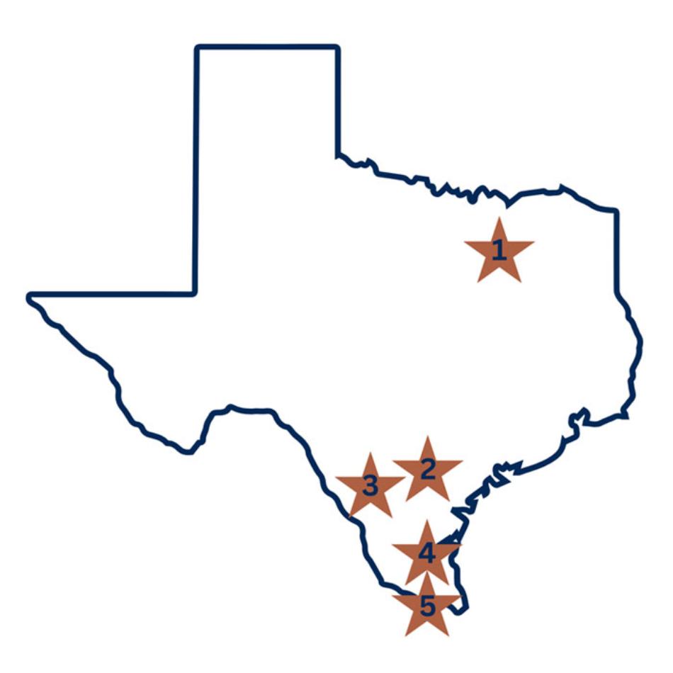 Outline of Texas with key cities highlited with a star