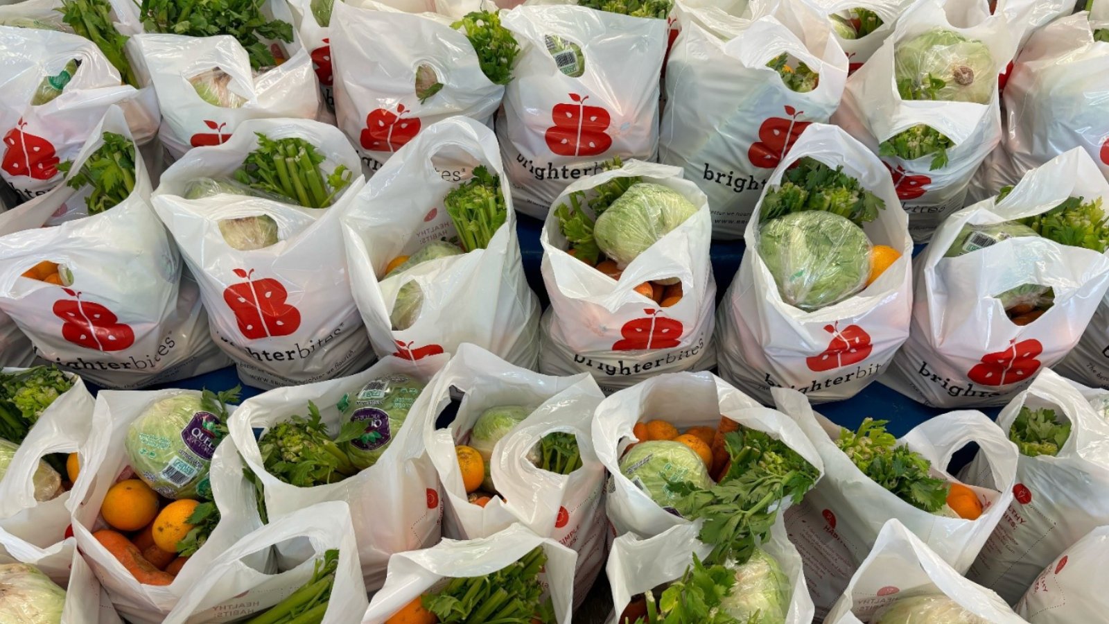 Bags of Brighter Bites filled with vegetables and fruits.