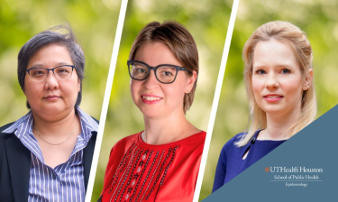 Three UTHealth Houston Epidemiology faculty members in a split-panel image with greenery background