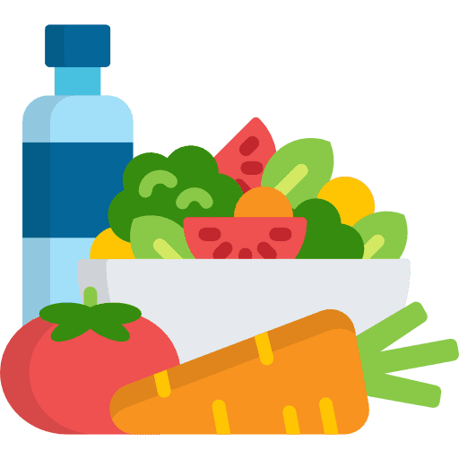 Graphic of Healthy Foods: Salad, carrot, tomatoe, water bottle.