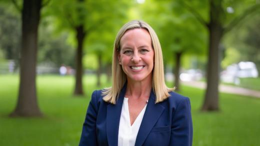 An image of Alanna Morrison in front of a greenery background with several trees