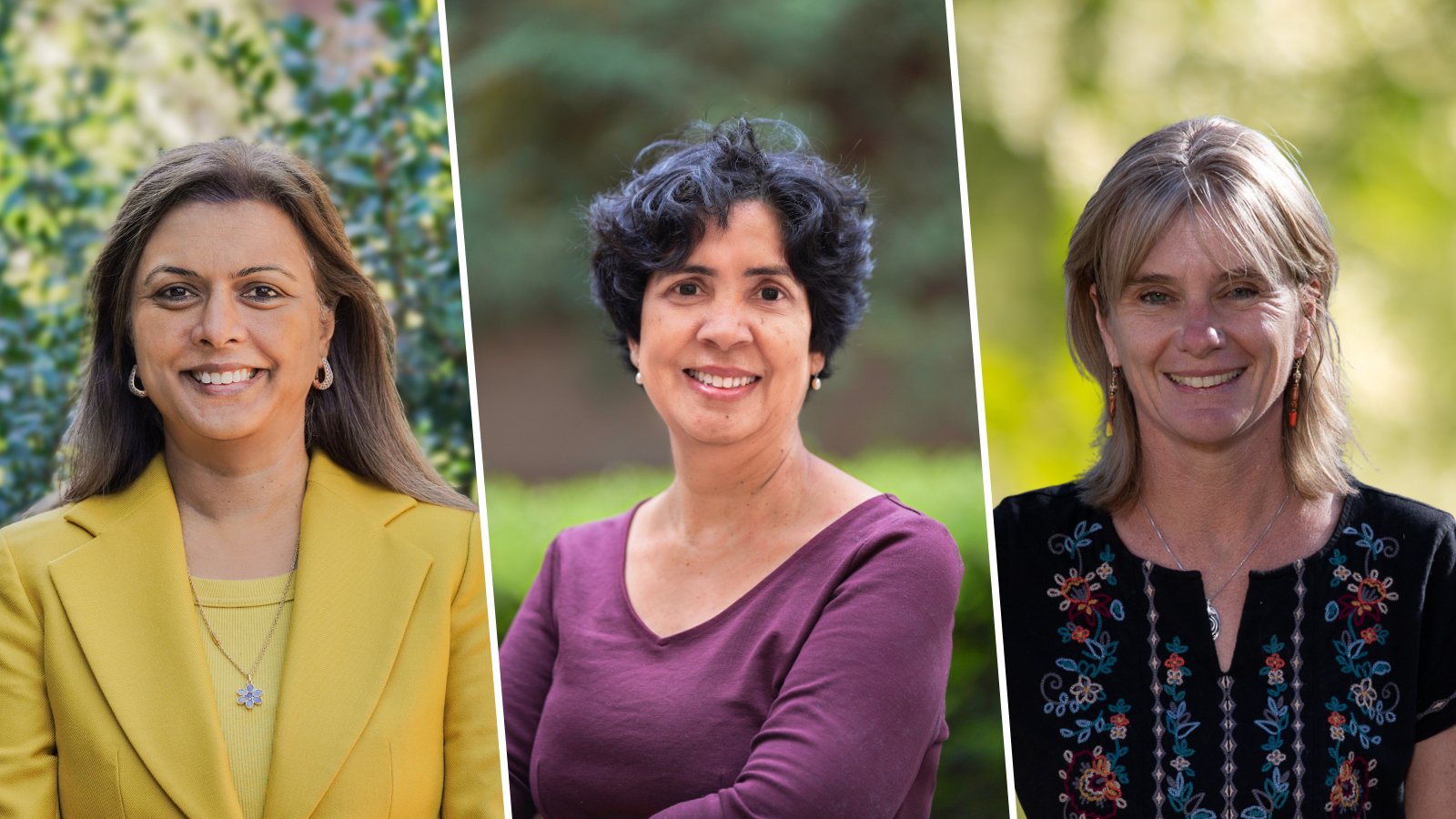 Shreela Sharma, PhD, RDN, LD; Nalini Ranjit, PhD; and Alexandra van den berg, PhD, MPH, pictured left to right in front of greenery.