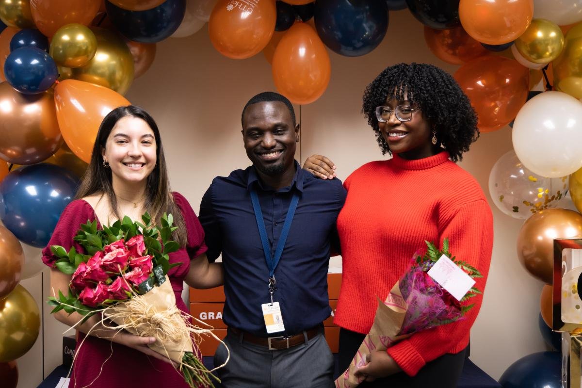 Asha Collier, MPH, alumni of UTHealth Houston School of Public Health in San Antonio at her graduation celebration in December, 2023, with Joshua Tyson, academic advisor, and fellow graduate Kristen Campbell.