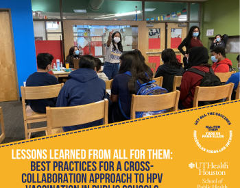 A research coordinator speaks to students during a school-based vaccination clinic.
