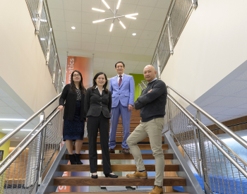 GQ Zhang, PhD, and Samden Lhatoo, MD, (third and fourth from left), who together developed EpiToMe, with their colleagues at the UTHealth School of Biomedical Informatics, Cui Tao, PhD, and Licong Cui, PhD. (Photo by Drew Donavan)