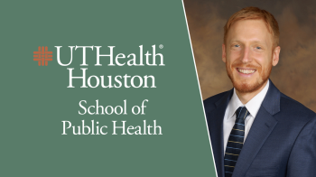 UTHealth Houston School of Public Health logo atop green background, and Louis Brown, PhD, headshot pictured on the right.