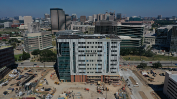 Drone image of construction on the new School of Public Health building.