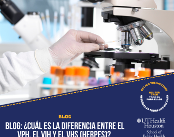 A person wearing a lab coat and latex glove places a slide on a microscope amid vials of samples.