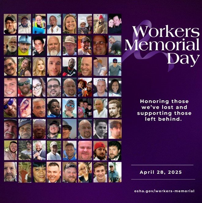 Graphic of those killed, disabled, injured, or made unwell in the course of their work.Text: honoring those who we've lost and support those left behind.