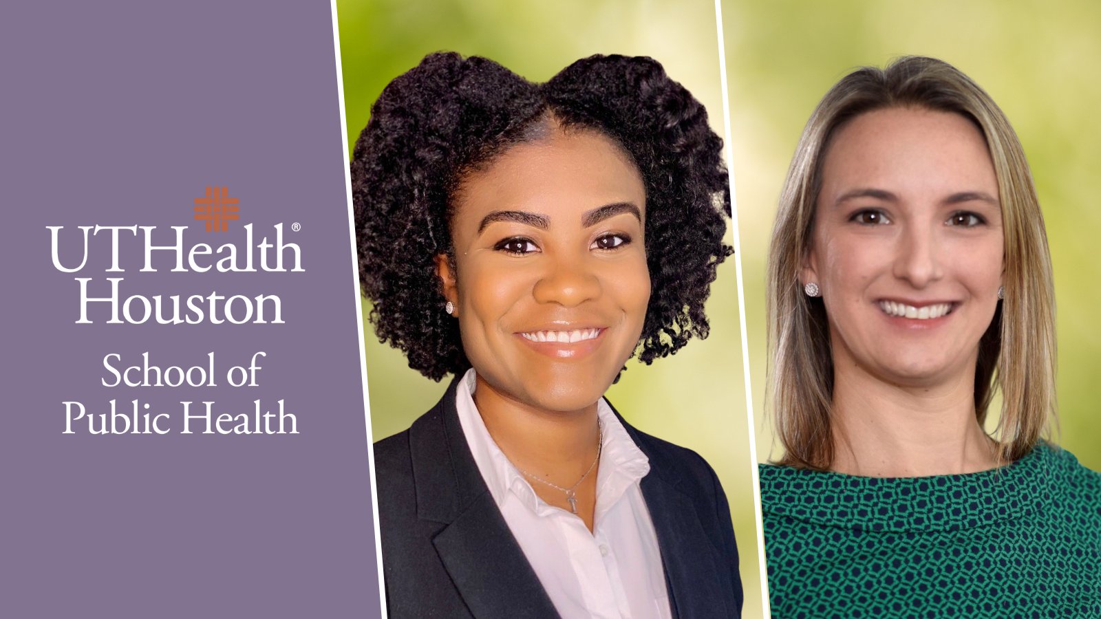 Headshots of Trisha Amboree, PhD, MPH, and Jane Montealegre with greenery and school logo on left hand side.