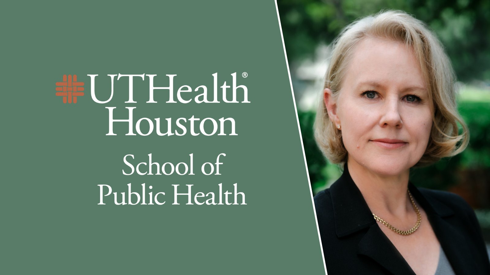 Heidi Russell pictured in front of greenery, with school logo on green background.