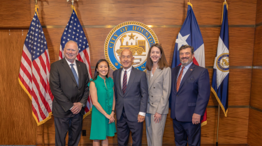 From left: Dean Eric Boerwinkle, PhD; Theresa Tran, MD; Mayor John Whitmire; President Melina R. Kibbe, MD; and Scott Forbes. (Photo by UTHealth Houston)