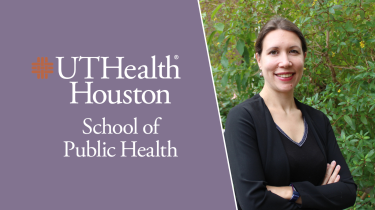Photo of Chloe Sarnowski on right, with UTHealth Houston School of Public Health logo on left side of image.