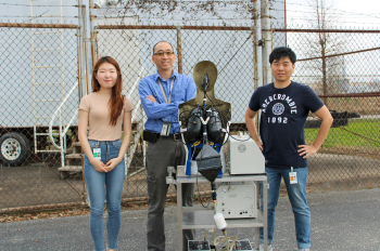 Wei-Chung Su, PhD, center, works with Minjung Kim, left, a student from National Seoul University, and Jinho Lee, right, PhD student at UTHealth Houston School of Public Health, to test MALDA in an industrial setting. (Photo by UTHealth Houston)