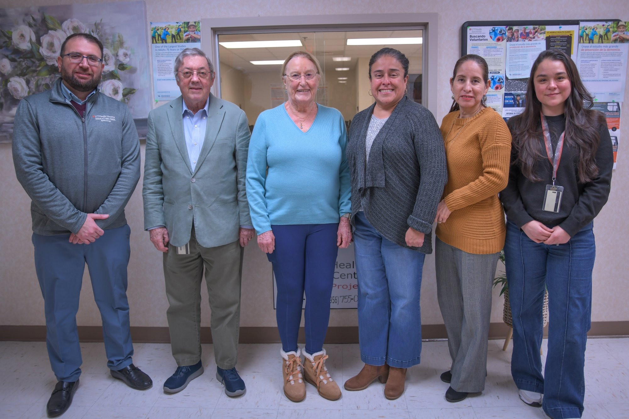 The Human Virome Program team from UTHealth Houston School of Public in Brownsville includes, from left, Fadi Musfee, MD; Joseph McCormick, MD; Susan Fisher-Hoch, MD; Norma Perez-Olazaran; Rocio Uribe; and Marcela Morris. (Photo by UTHealth Houston)