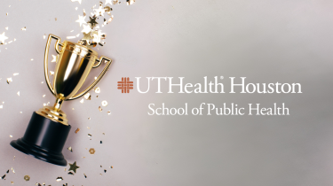 Photo of trophy with glitter and UTHealth Houston School of Public Health logo pictured on top of gray background.