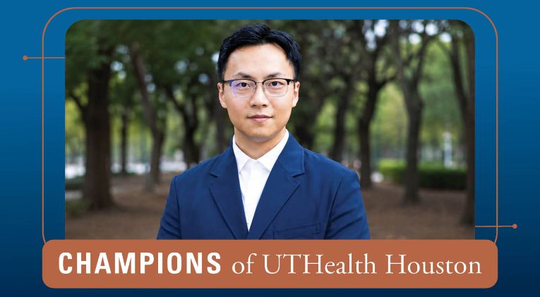 A man in a blue suit and glasses stands outdoors in a tree-lined setting, facing the camera. A graphic frame surrounds the image with the text “Champions of UTHealth Houston” displayed prominently at the bottom.
