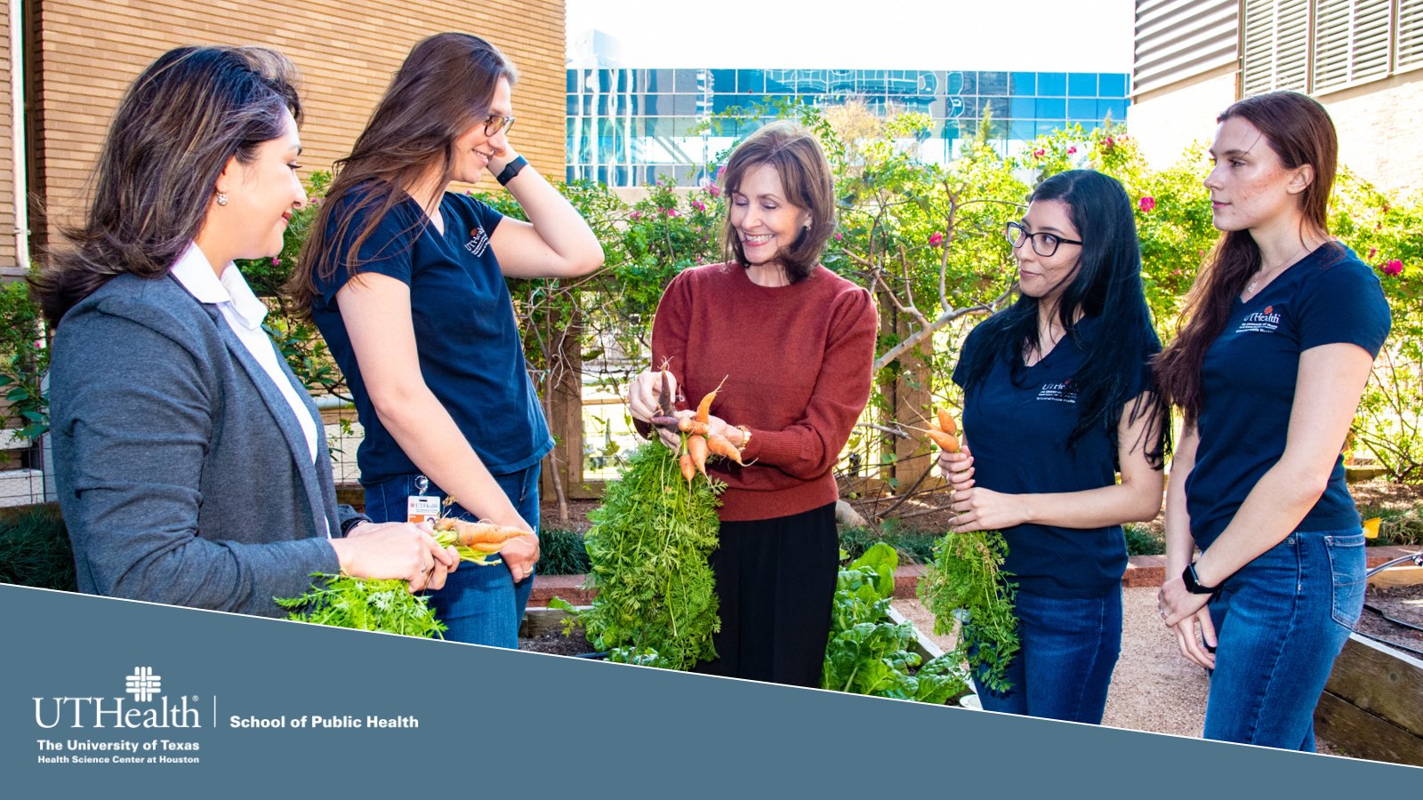 Laura Moore and students in the UTHealth School of Public Health Nourish Garden