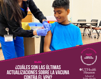 Un niño recibe una vacuna de un profesional sanitario. El texto del gráfico dice, ¿Cuáles son las últimas actualizaciones sobre la vacuna contra el VPH?