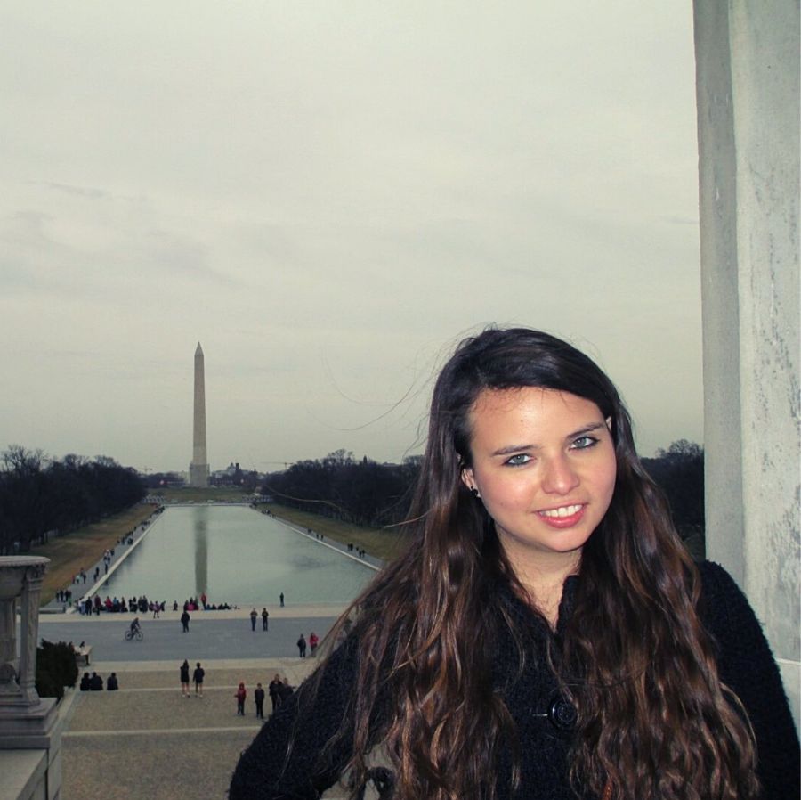 Gabriella in front of the reflecting pool in Washington DC.
