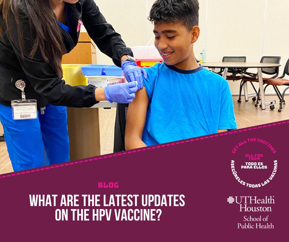 A boy receives a vaccine from a health care provider. The text on the graphic reads, what are the latest updates on the HPV vaccine?