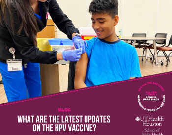 A boy receives a vaccine from a health care provider. The text on the graphic reads, what are the latest updates on the HPV vaccine?