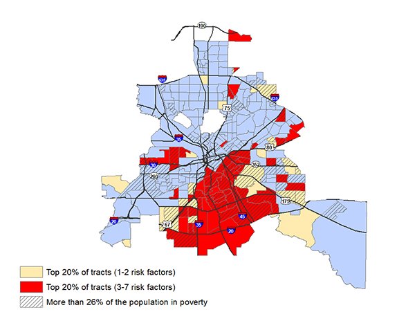 A map of Dallas shows the areas with the highest concentrations of risk factors for severe COVID-19 disease. Image by UTHealth.