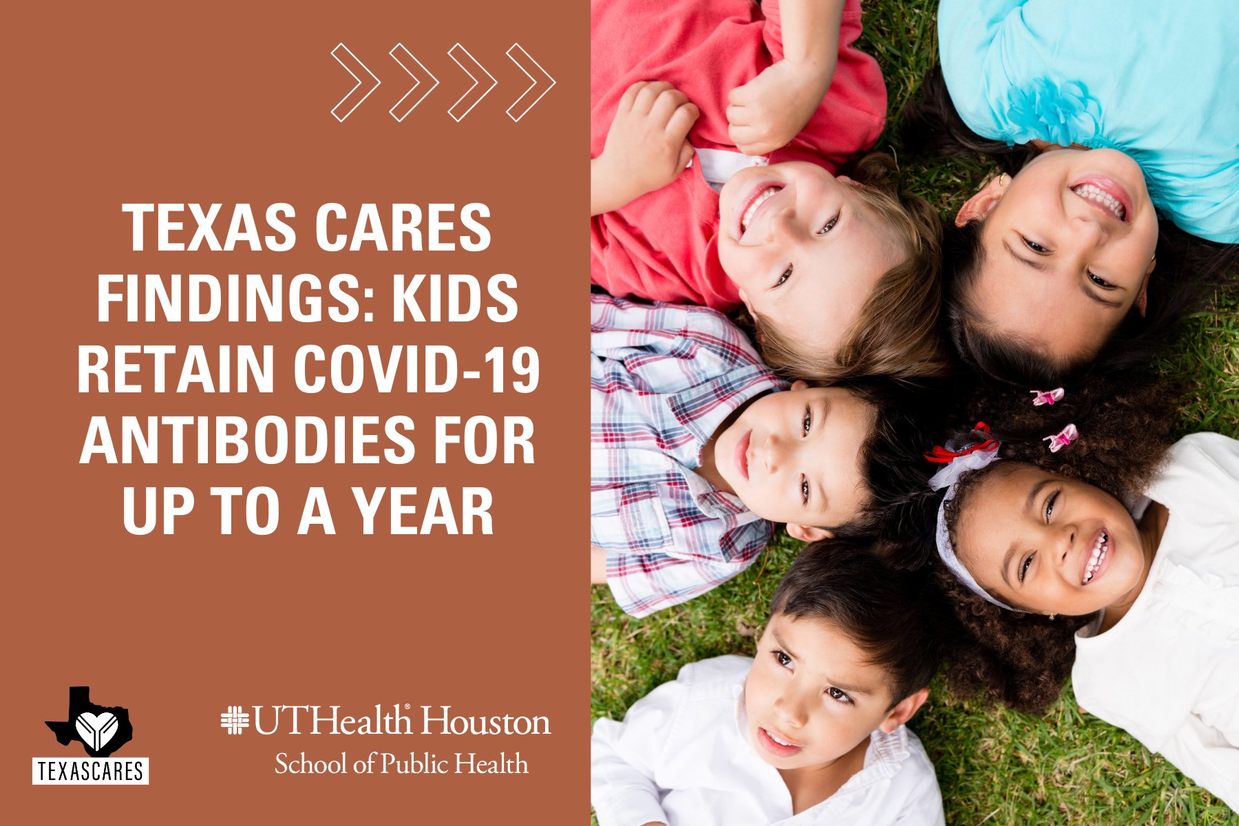 A group of children lay on the grass with their heads together, smiling and looking upward toward the camera. The text on the the graphic beside them reads 