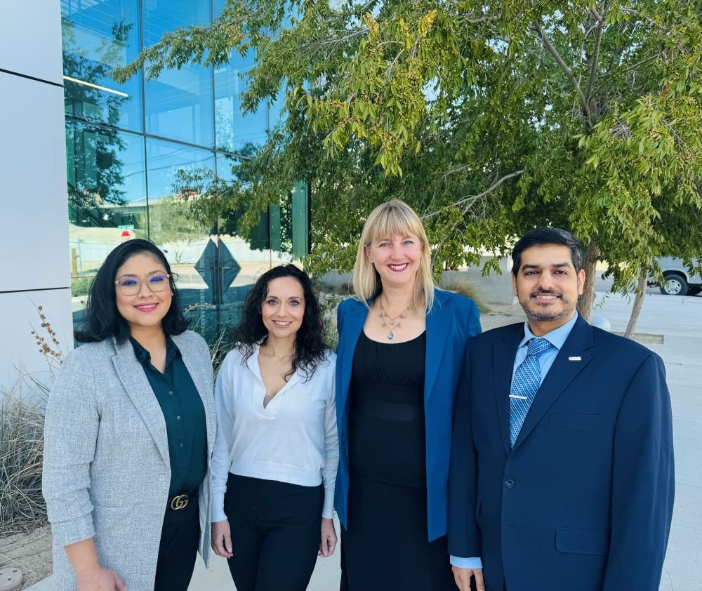 From left,  research coordinator Erica Martinez; nurse practitioner Athena Nathan; director Leah Whigham, PhD ; and clinical lab director Juan Aguilera, MD, PhD, MPH. (Photo by UTHealth Houston)