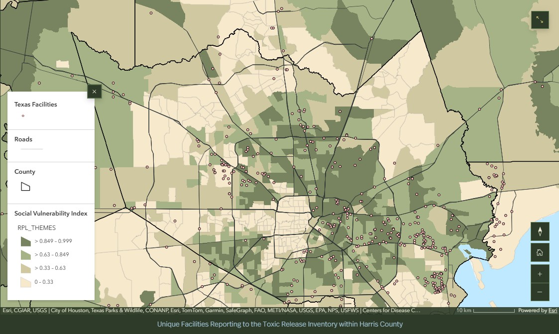 This map shows the distribution of public health clinics across Houston in 2024,
  color-coded by service availability.