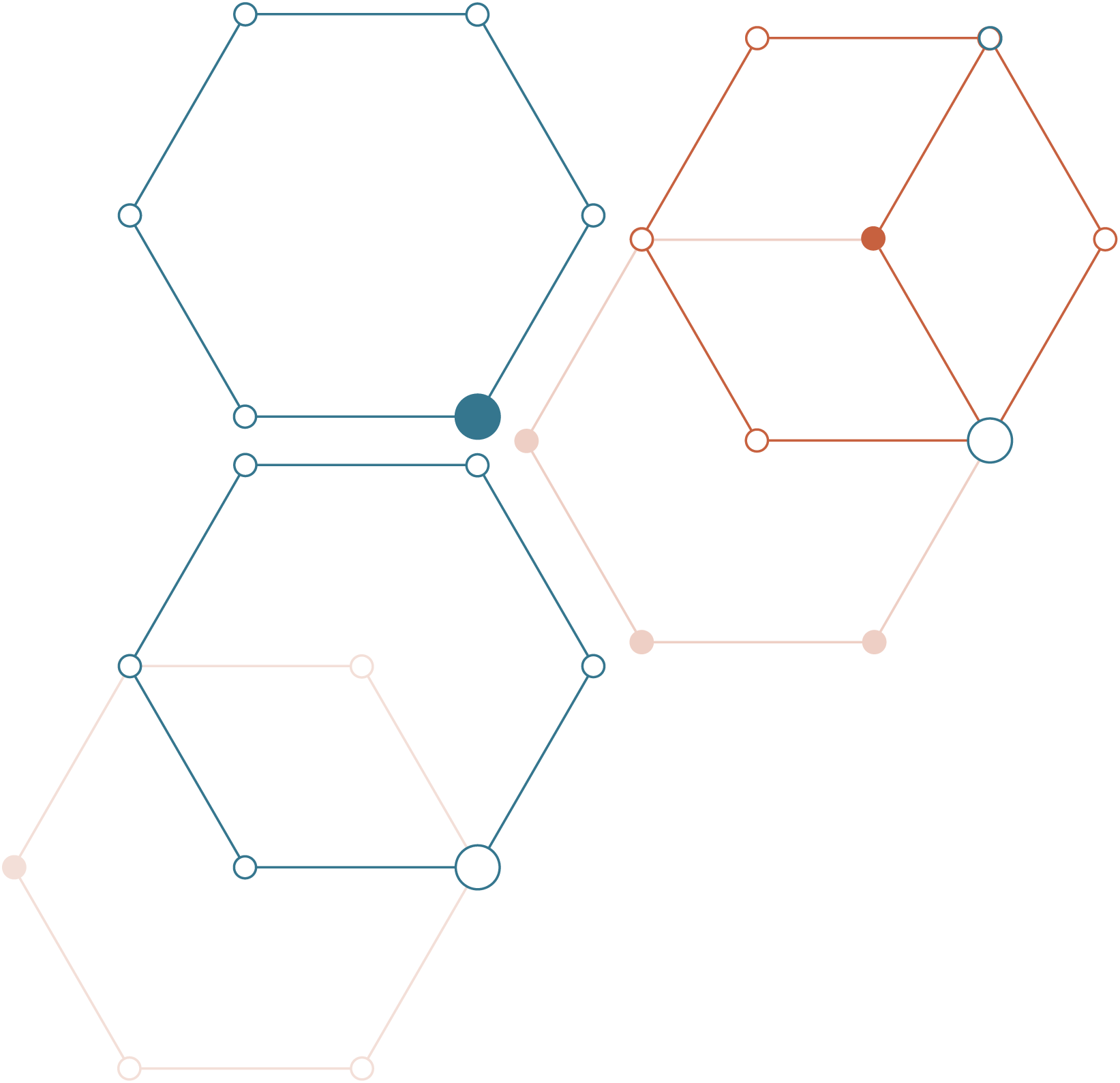 Hexagon graphic in blue and organce