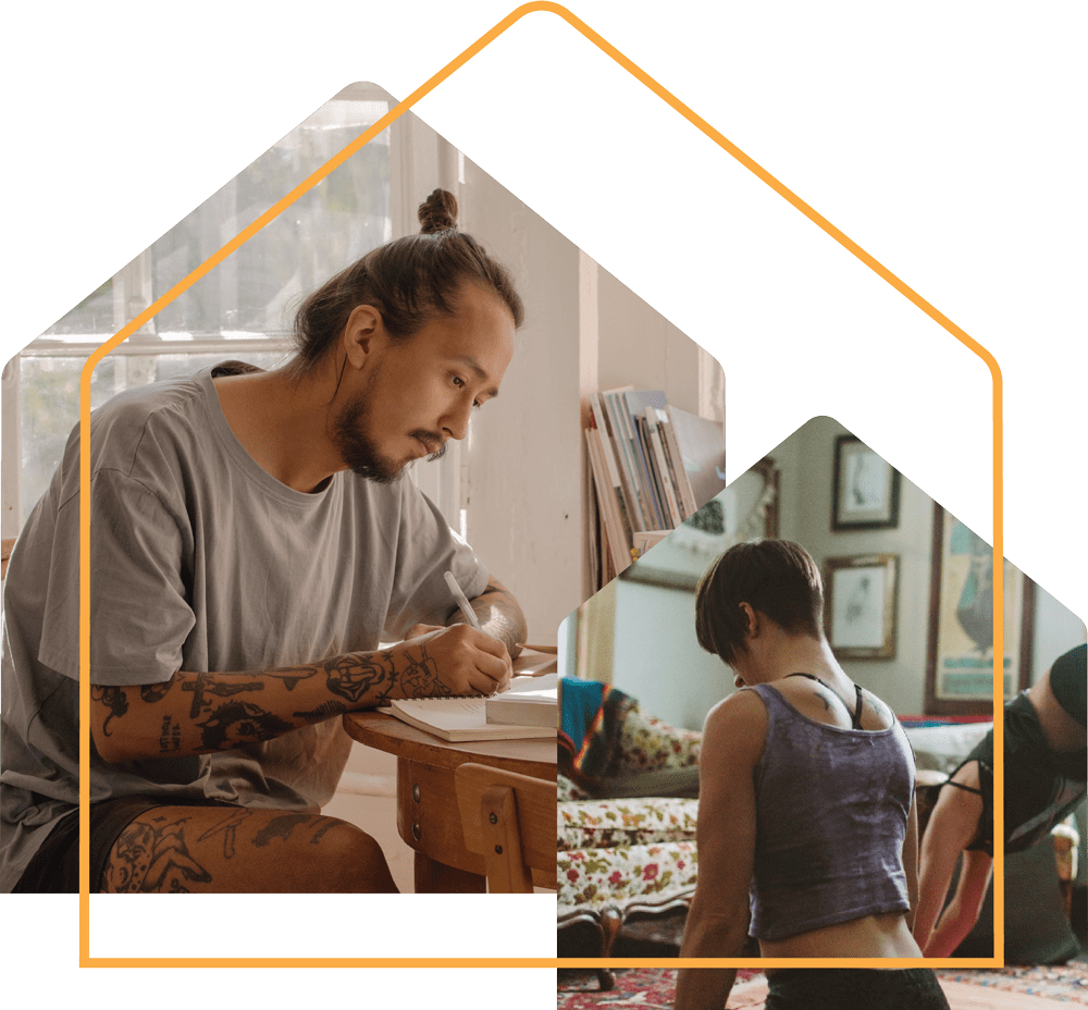 Small collage of two photos - Man writting on a desk, woman doing yoga. 