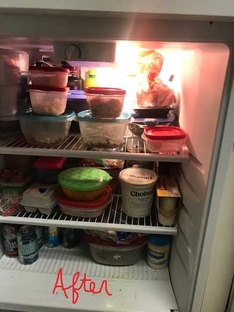 fridge with tupperware, cursive "after" on bottom of photo